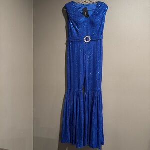 Giffniseti Elegant Blue V Neck Glitter Flared Leg Jumpsuit Size Medium